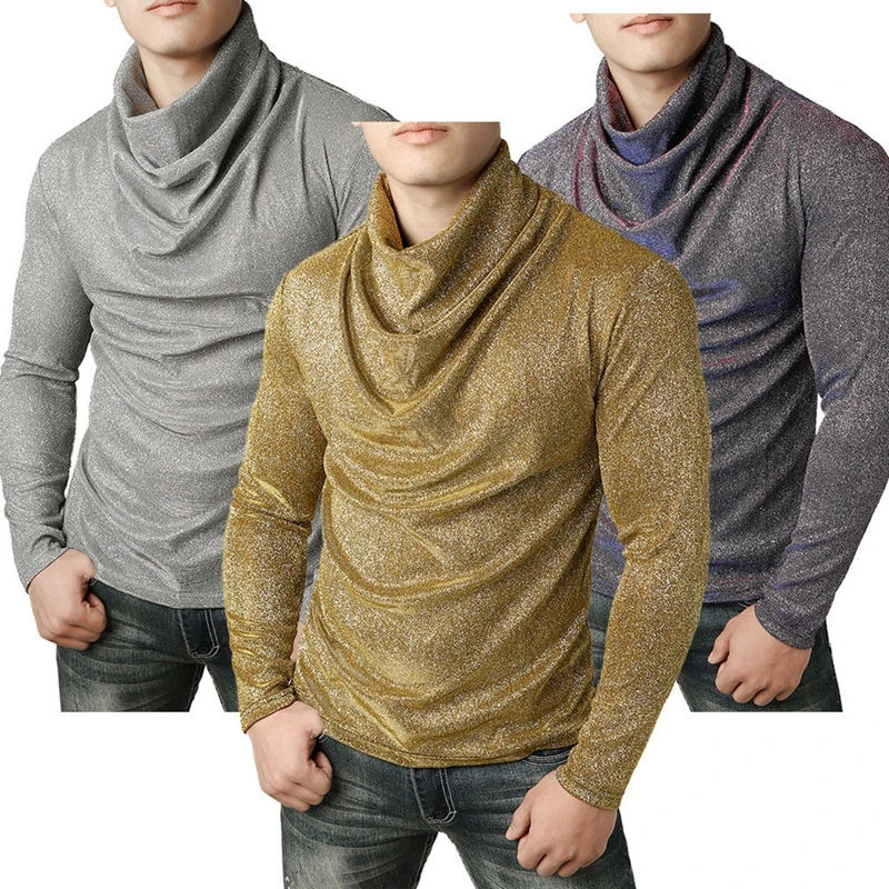 Men's Club Style Long Sleeve Shiny Sequins T shirt Heaps Collar Bright ...