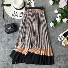 Модные Повседневное в клетку длинная юбка с принтом Для женщин Высокая Талия офисные оборками плиссированный с запахом Демисезонный миди юбка женская уличная одежда