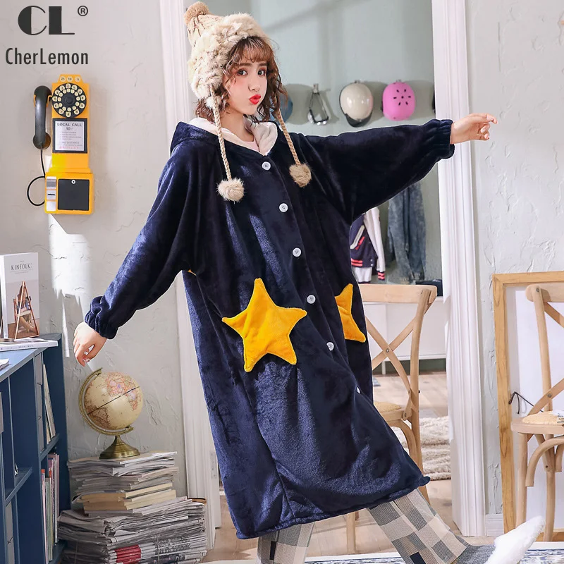 

CherLemon Women Coral Velvet Hooded Robe Students Lovely Cute Stars Long Loose Nightdress Peignoir Winter Warm Home Lounge Wear