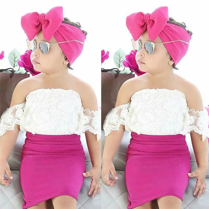 

Newest Summer Fashion Toddlers Girl Off Shoulder Lace Tube Tops Pencil Skirt Headband Princess Kids Clothes Set Outfits