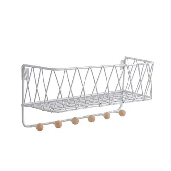 

Modern Wrought Iron Grid Storage Rack Wall-mounted Decorative Shelf Hanging Holder Organizer with Hooks (White, Large Size)