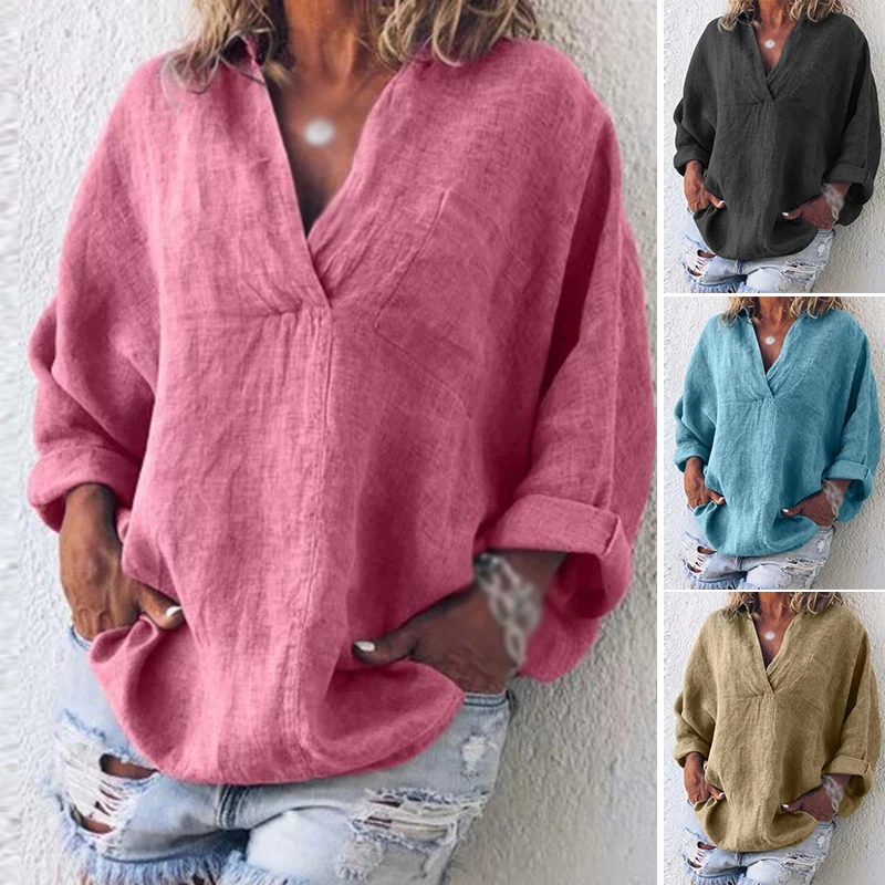 

2019 Summer Long Sleeves Loose Tops Ladies Casual Blouse Deep V-Neck Solid Tops