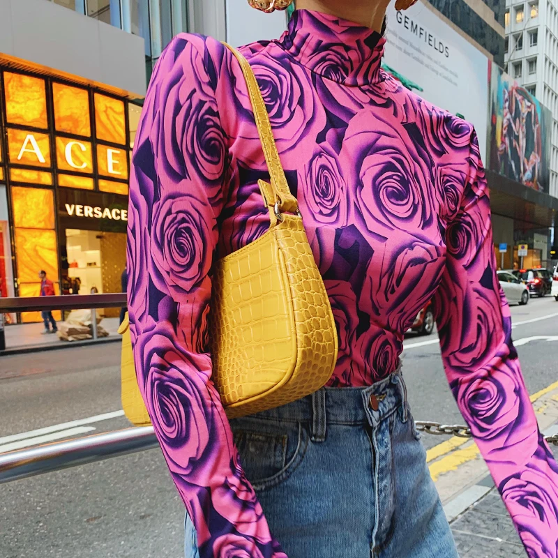 

DEAT 2019 new spring fashion women clothing turtleneck full sleeves slim body printed orange tank knits pullover WD93715L