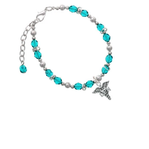 Silvertone Caduceus - LPN Teal Beaded Bracelet |
