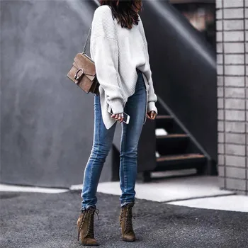 

Women White Winter Warm Knitwear Sexy Wrap V Neck Back Cross Casual Knit Tops Sweater Long Sleeve Loose Jumper Pullover Sweater