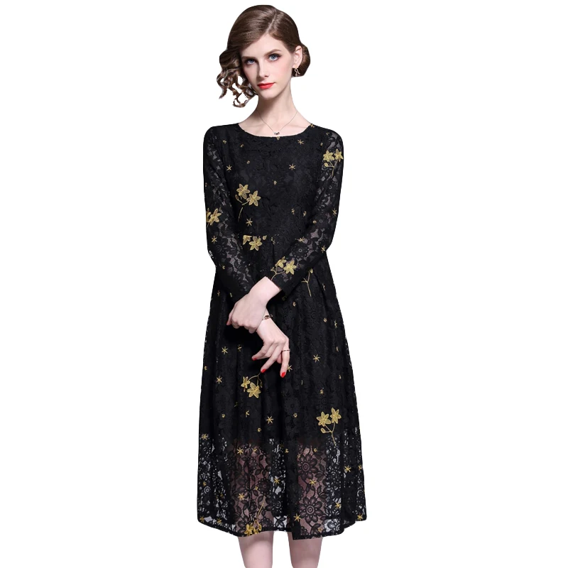 Banulin 2019 Spring Women Black Lace Dress High-End Ladies O-Neck stitching Runway Vintage Female Slim Sexy Party Dresses B6378 Banulin 2019 Spring Women Black Lace Dress High-End Ladies O-Neck stitching Runway Vintage Female Slim Sexy Party Dresses B6378