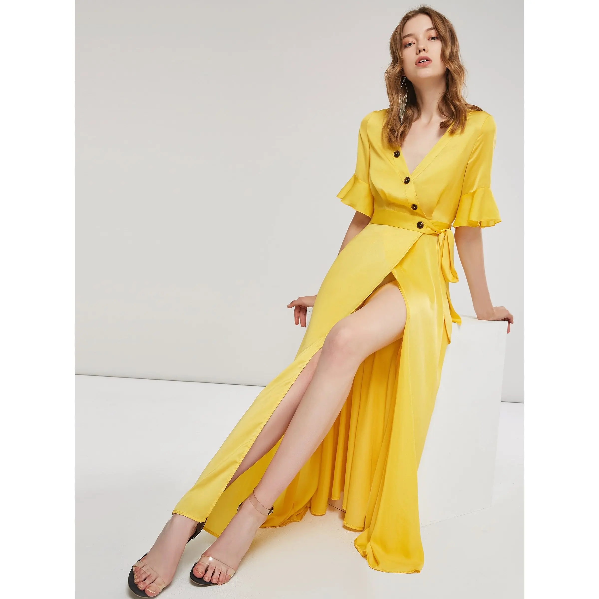 

Sexy Maxi Dress Women Lace Up Slim Ruffle Elegant Stylish Hot Yellow Street Boho Travel Holiday Casual Deep V Split Chic Dresses