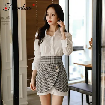 

Foamlina Elegant Women Two Pieces Set Irregular Turn Down Collar Long Sleeve White Shirt Dress + Plaid Print Pencil Skirt Suits