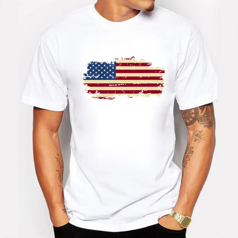

BLWHSA Summer USA Flag Men T shirts 100% Cotton Short Sleeve Fans Nostalgia United States Flag Style T-shirts For Men