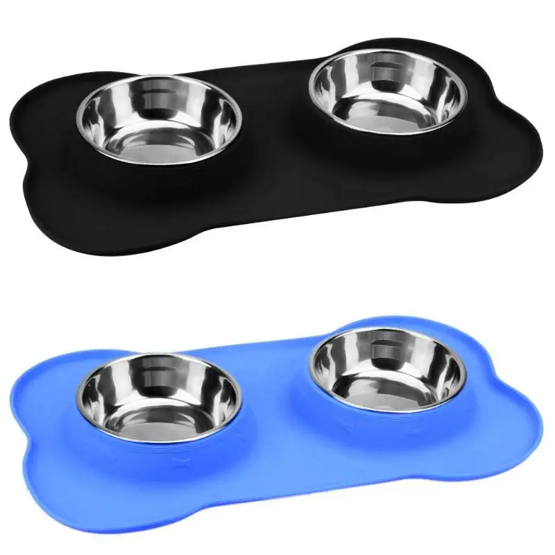 

Stainless Steel Double Bowl Pet Dog Cat Kitten Puppy Nonslip Feeding Food Water 2019 Travel Portable Dish Non-Skid Silicone Mat