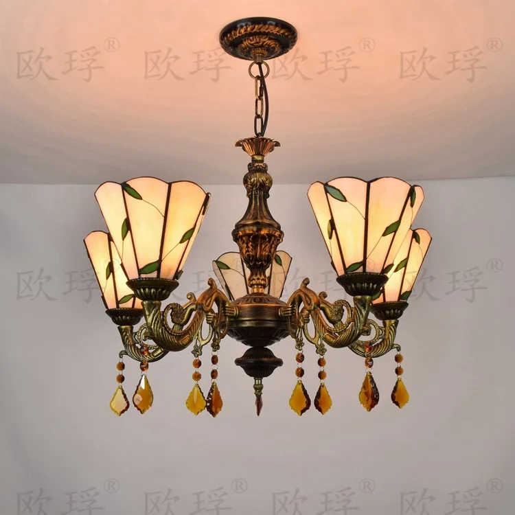 

Tiffany Leaf Stained Glass Suspended Luminaire E27 110-240v Chain Pendant Lights For Home Parlor Dining Room