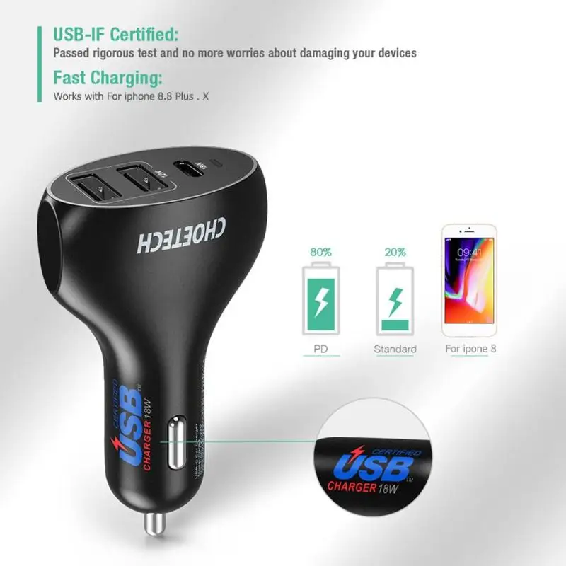 Choetech 30 Вт 3 порта USB Автомобильное зарядное устройство Dual + type C PD быстрое для