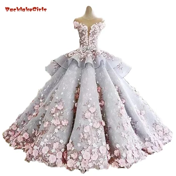 

Vintage Dubai Light Gray Wedding Dresses 2018 Delicate Embroidery Bridal Gowns 3d Flowers Crystal Casamento Ruffles Plus Size