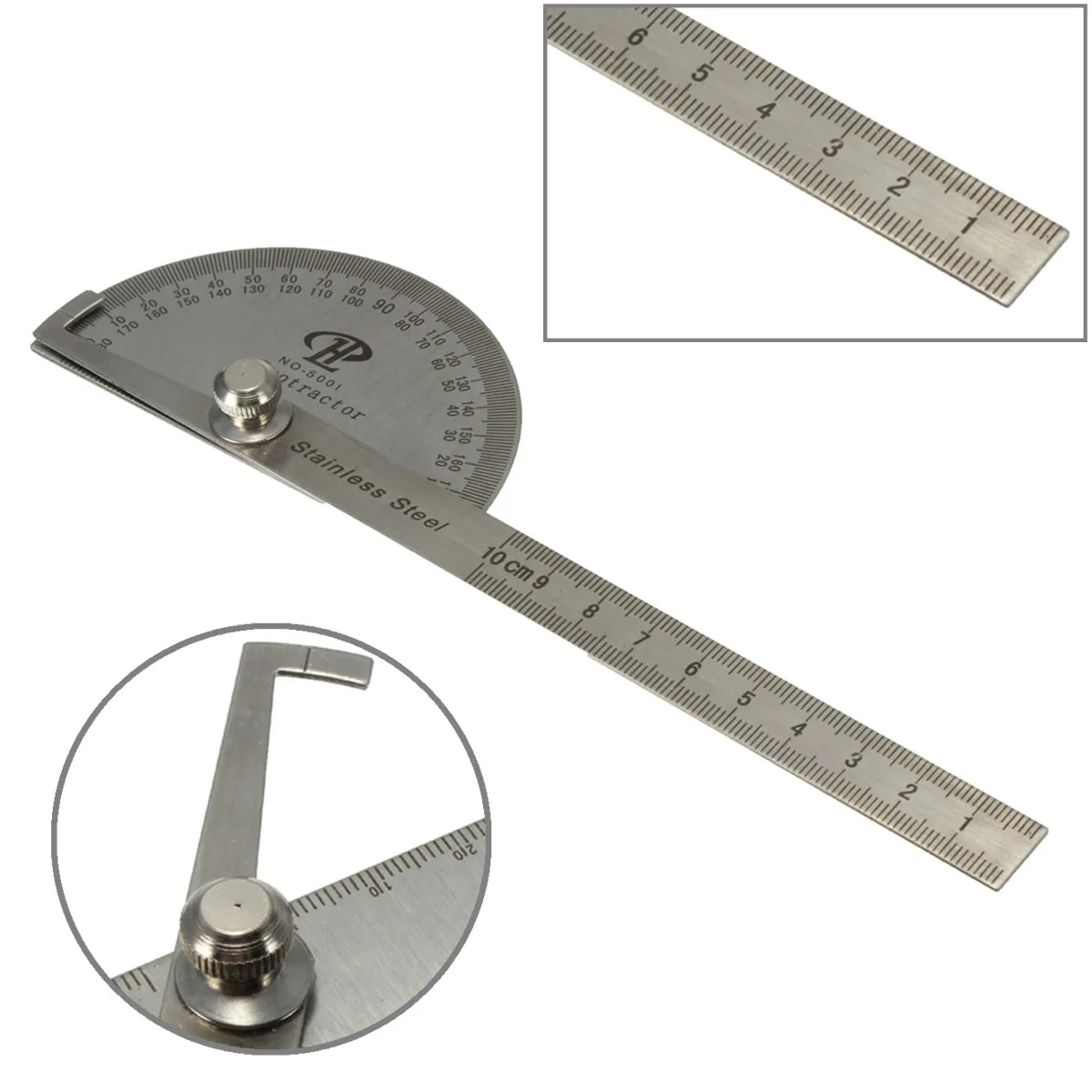 Stainless Steel Protractor Round Head Angle Rule Finder Craft Arm Ruler Tool