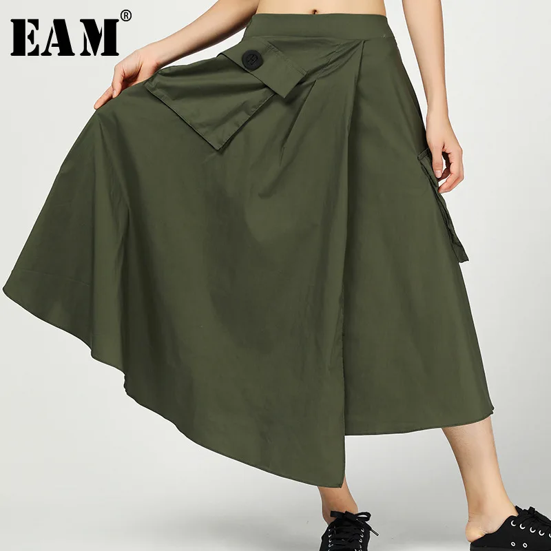 

[EAM] 2019 New Spring Summer High Elastic Waist Black Irregular Personality Split Joint Half-body Skirt Women Fashion Tide JT011