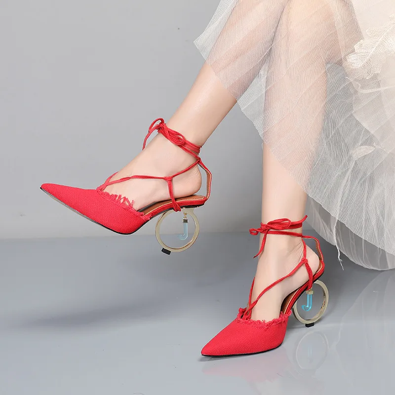 

Moraima Snc 2019 Pointed Toe High Quality Woman Summer Shoes Red Blue Elegant Fashion Sandals Special Strange Heels 10cm Shoes