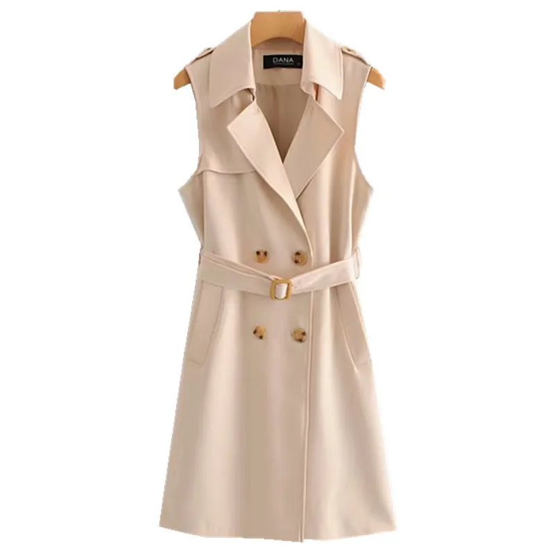 

2019 Spring Women Suit Long Vest OL Formal Khaki Sleeveless Jacket Double Breasted Notched Collar Coats