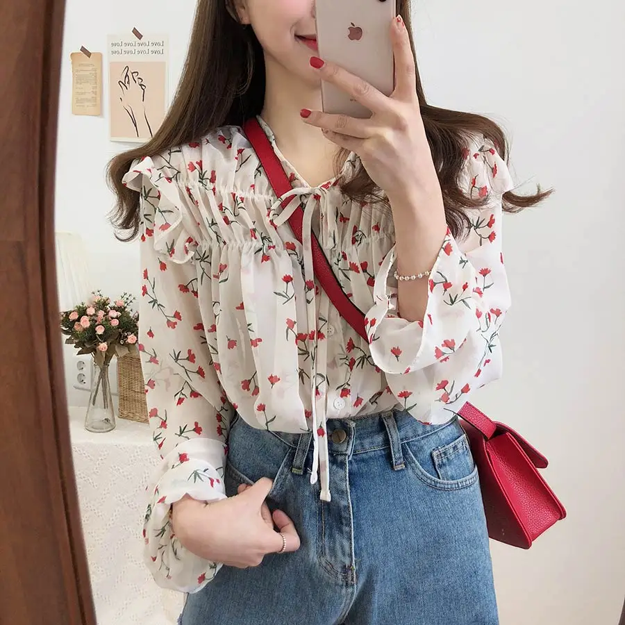  Chiffon Blouses Shirts Women Top Korean Style Clothes Long Sleeve Red Floral Printed Ruffled Top Bo