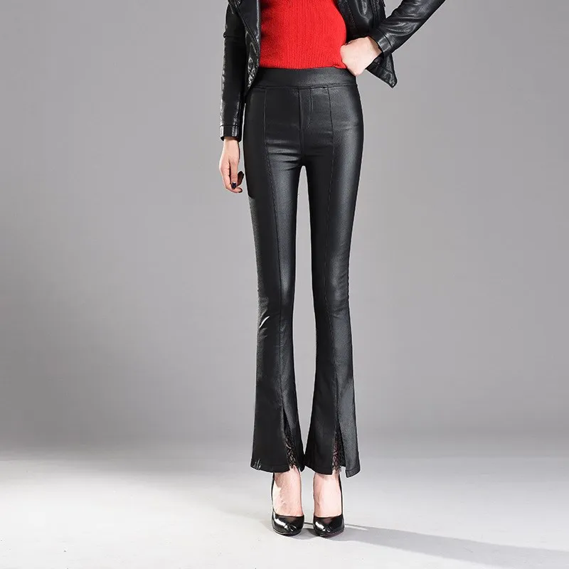 Autumn Winter Women Warm Velvet Pu Leather Mid Pants Elastic Stretch Sexy Lace Skinny Faux Leather Tight Flare Pants Autumn Winter Women Warm Velvet Pu Leather Mid Pants Elastic Stretch Sexy Lace Skinny Faux Leather Tight Flare Pants