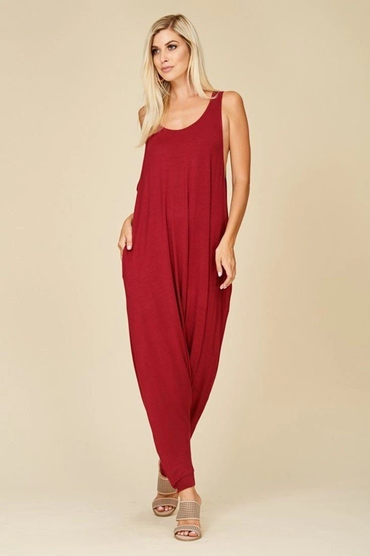 Sleeveless Cuffed Harem Jumpsuit in Burgundy |
