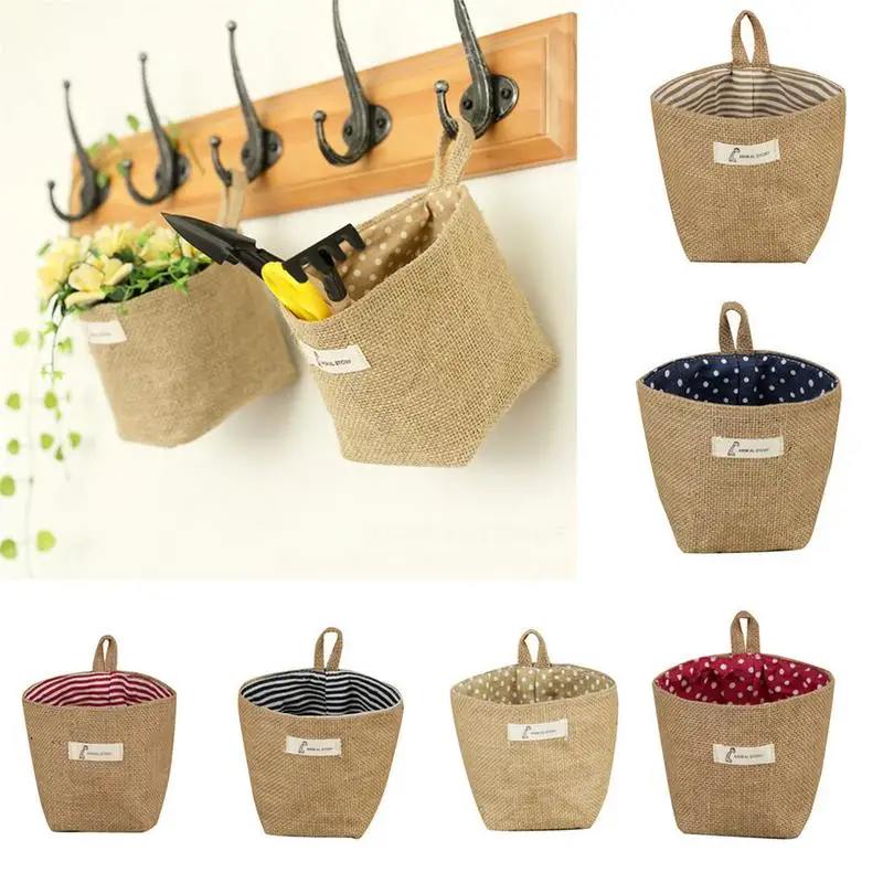 

Linen Desktop Storage Basket Jute Lined Cotton Stationery Cosmetic Container Storage Box Home Decoration Flower Pot With Handle