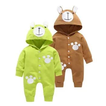 

Long Sleeve Baby Romper Front Button Boys Girls Hooded Jumpsuit Cartoon Bear Toddler Clothes Cotton Home Warm Children Clothing