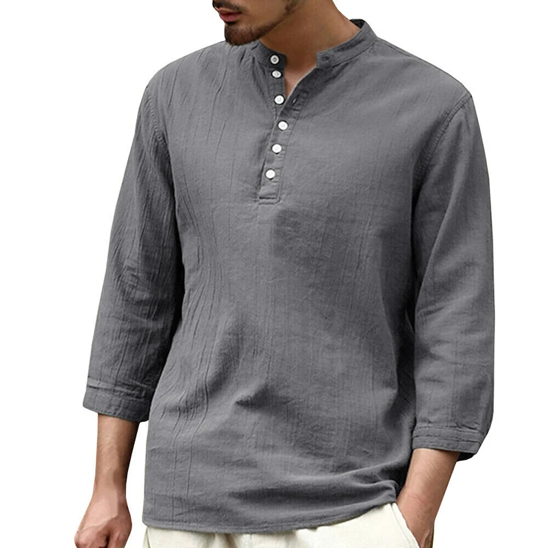

Men's Linen Shirt Half Sleeve V-Neck Cool Man Blouse Casual Button Pullover Shirts Male Summer Tunic Tops Beach Casual Clothing