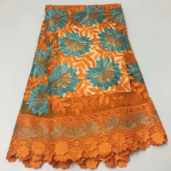 

2019 Fashionable orange Guipure french Nigerian lace fabrics high quality rhinestones tulle African lace fabric wedding 5yards