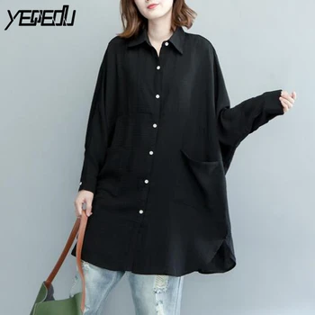 

#5826 New 2018 Black Blouse Linen Cotton Shirts Women Pockets Batwing Sleeve Big size Asymmetrical Vintage Blouse Femme Pockets