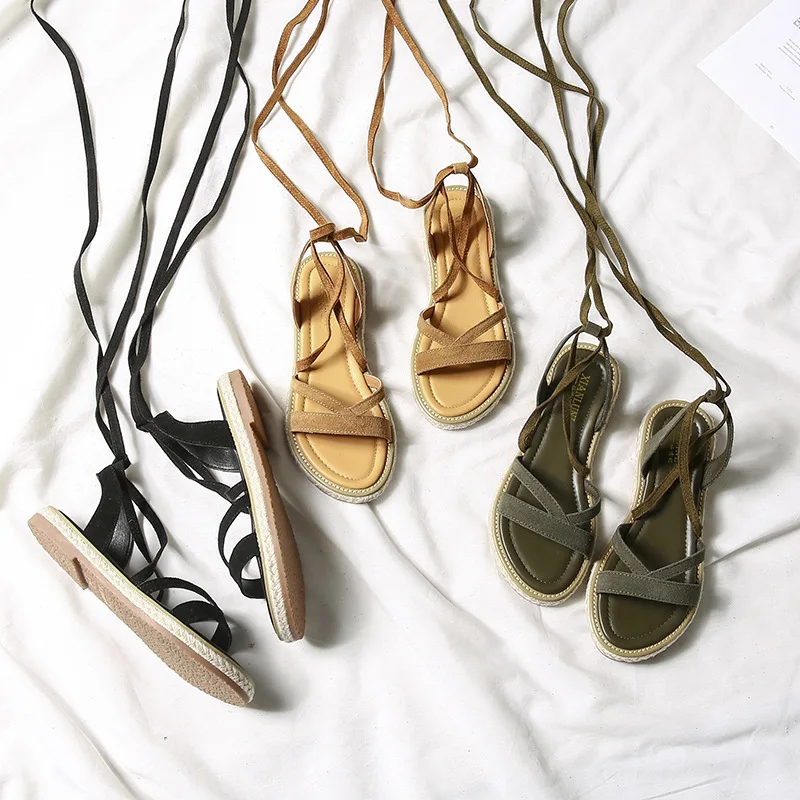 

Sandals 2019 Woman Flat Bottom Student Chalaza Old Genuine Leather Bandage Shoe