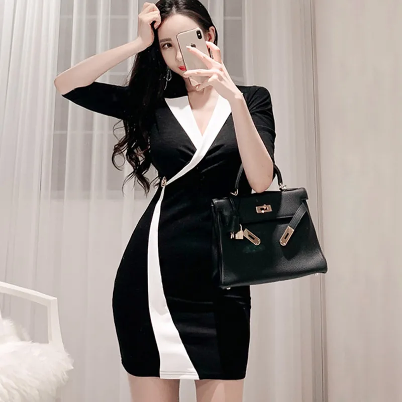 

Women summer new wear korean temperament solid v-neck short sleeve natural office lady knitting bag hip bodycon dress