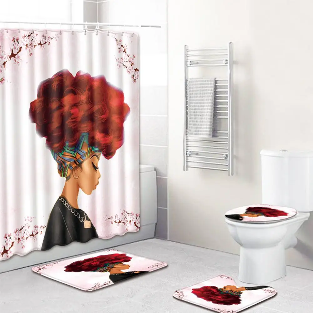 

Adeeing 4Pcs/Set Stylish African Women Series Pattern Bath Set Shower Curtain Non-Slip Toilet Pad Cover Bath Mat