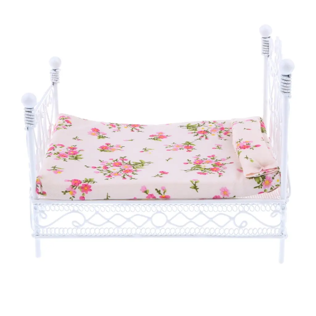 

1:12 Scale Dollhouse Furniture Retro Metal Bed with Fabric Mattress Miniature Doll House Accessories Decoration Children Toys