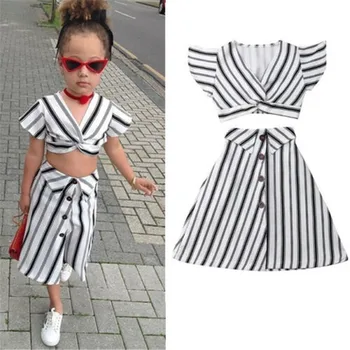 

4-9T Girl Clothes Set Ruffle T-Shirt Top Bow Skirt Tutu Dress White Stripe Baby Cloth Outfit Kids Dresses For Girls Dropshipping