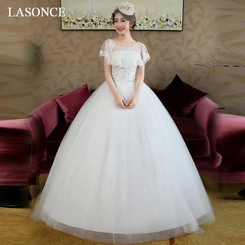 

LASONCE Elegant Lace Appliques Short Sleeve Ball Gown Wedding Dresses Illusion Sequined O Neck Backless Bridal Dress