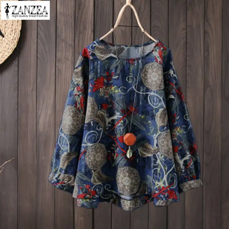 ZANZEA 2019 Plus Size Tunic Tops Women Vintage Print Linen Blouse Female  Long Sleeve Shirt Elegant Casual Party Work Blusas 5XL