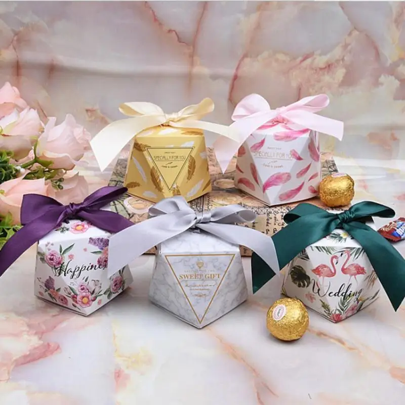 2pcs Upscale Diamond Shape Candy Box With Ribbon Wedding Favors Party