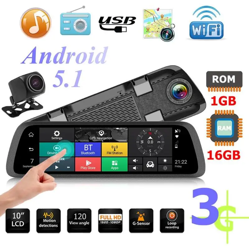 

10" 3G/4G Touch Screen DVR Car Camera Rearview Mirror FHD 1080p ADAS WiFi GPS Dash Cam Dual Lens Night Vision Driving Recorder