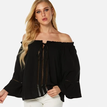 

Casual Loose Hollow Out Design Blouse Shirts Women Solid Sexy Off The Shoulder Slash Neck Flare Sleeves Drawstring Tunic Top 2xl