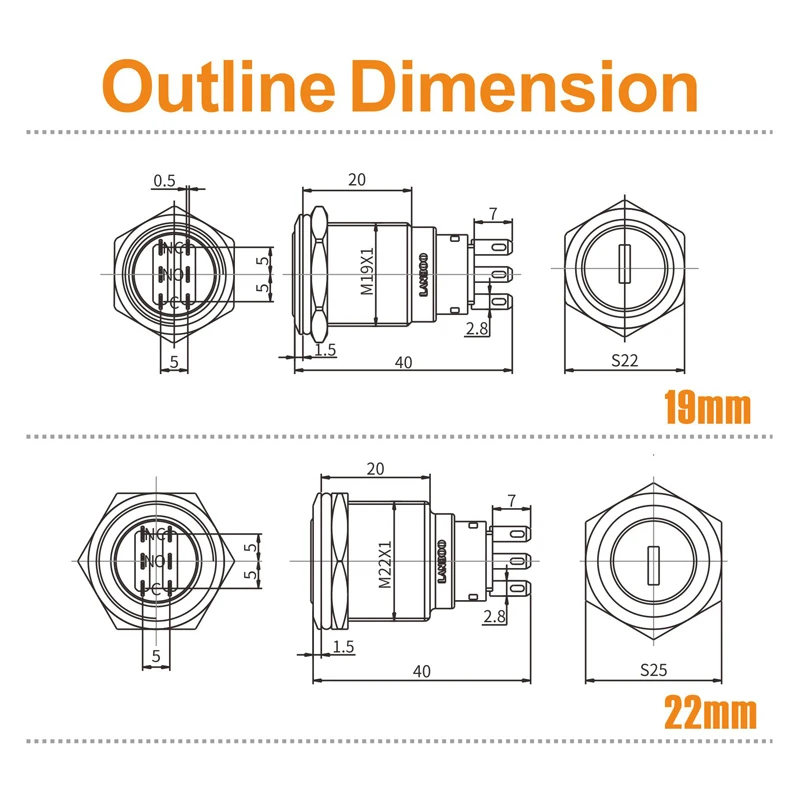 LANBOO 19 мм 1NO1NC/2NO2NC 2 позиционный вставной переключатель с кнопкой ключа