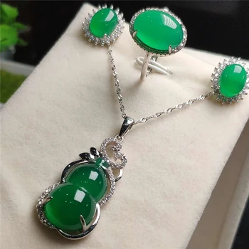 

Koraba 3pcs 925 Sterling Silver Natural Green gourd Jade Gemstone Pendant Necklace Bracelet Earrings Women Jewelry Set