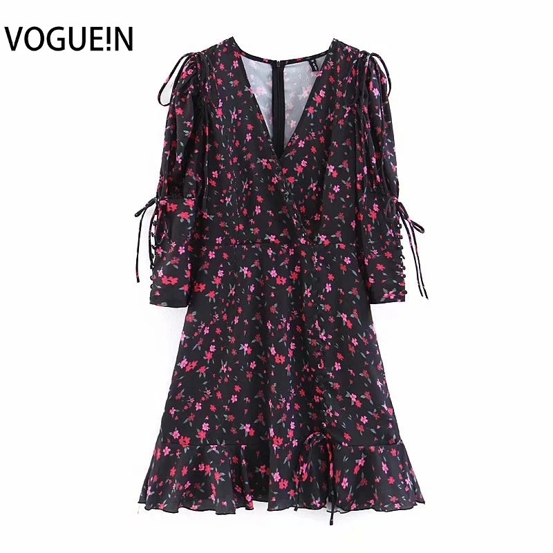 

VOGUEIN New Womens Vintage V-Neck Floral Print Tie Belt 3/4 Sleeve Black Mini Dress Wholesale