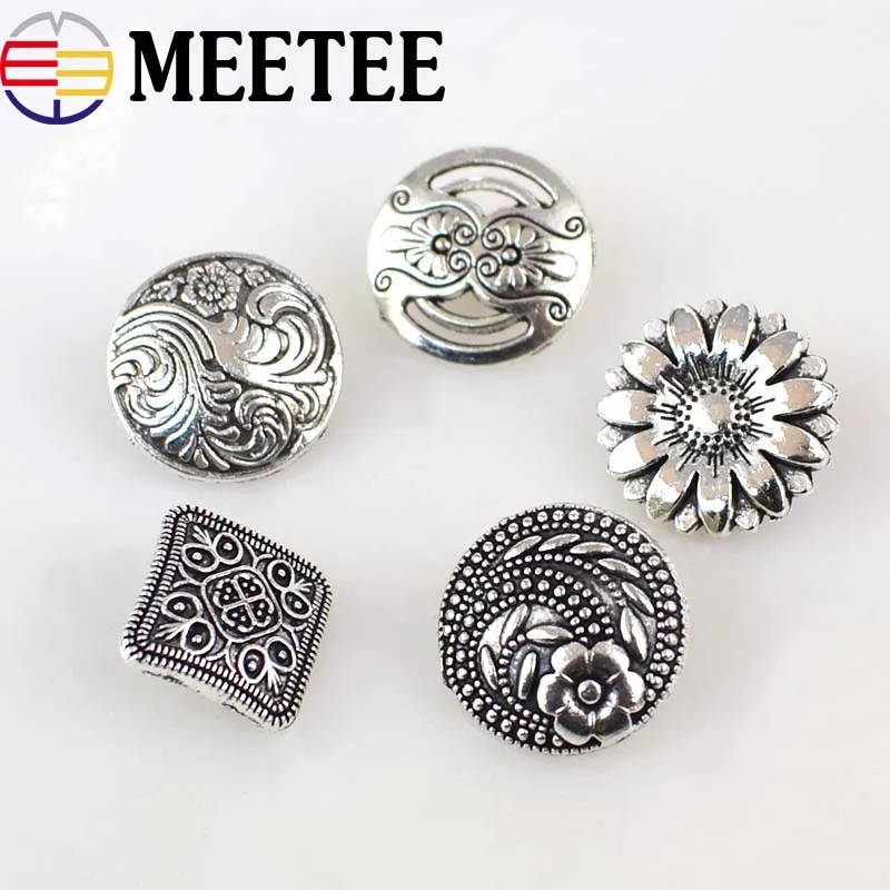 

50pcs Meetee Flower Retro Silver Round Metal Buttons for Jaket Coat Shirt Jeans Decor DIY Sewing Clothes Material Accessories