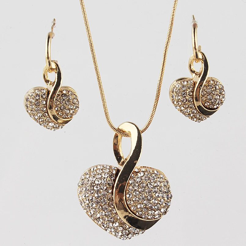 

2019 New Fashion Arrival Yellow Luxury Gold-color Heart Clear Romantic Austrian Crystal Earrings and Necklace Sets Chain Jewelry