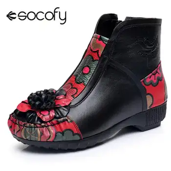 

Socofy Retro Winter Boots Women Flower Genuine Leather Fur-lined Ankle Boots Women Shoes Woman Zipper Plush Snow Shoes Booties