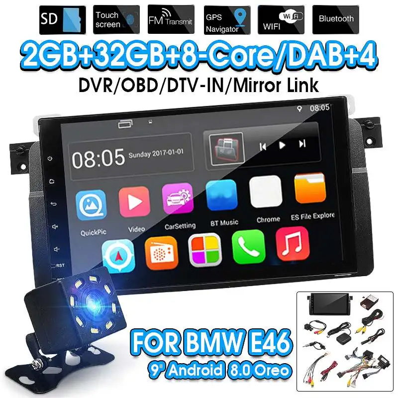 

9 Inch Android 8.0 Car Stereo GPS Sat Radio 2GB + 32GB Auto Multimedia Navi OBD DAB WiFi for BMW E46 M3 Rover 75 for MG ZT