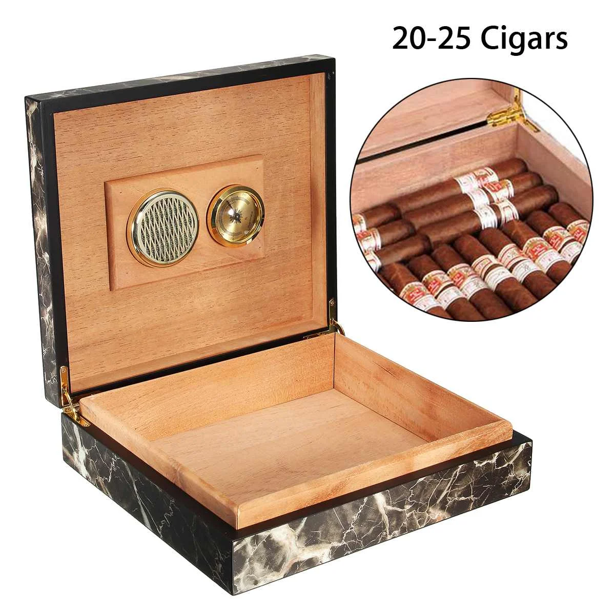 20-25 Cigars Black Portable Cedar Wood Cigar Case Wooden Cigar Storage Box with Humidor Humidifier Moisturizing Device