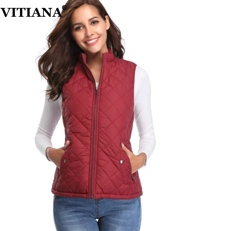 

VITIANA Women Casual Vests Female 2018 Autumn Sleeveless Solid Balck Red Blue Cardigans Slim Pockets Zippers Coats Streetwear