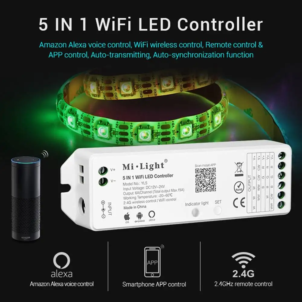 

ARILUX Milight YL5 5 in 1 WIFI LED Controller for RGB RGBW RGB CCT LED Strip Light Work With Amazon Alexa