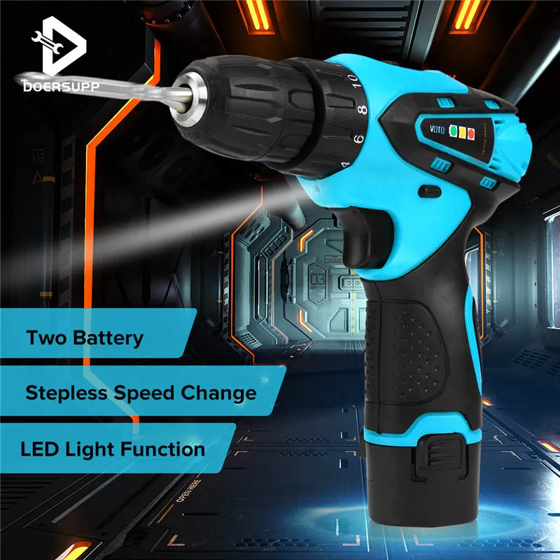 

12V Two Speed Rechargeable Lithium Battery Cordless Drill Driver Mini 30Nm Screwdriver Tool Kit + two Li-ion Battery Household